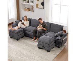 DESMIU Modulaire 4-Zits Corduroy Bank Met 2 Hockers En USB-C Aansluiting En Zijvakken Voor Woonkamer En Lounge Donkergrijs
