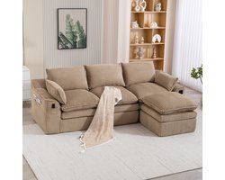 DESMIU Modulaire Hoekbank 3 Zits Met Hocker En Kussens Met Zijvakken Voor Woonkamer, Kantoor En Ontvangstruimte In Ribstof Khaki