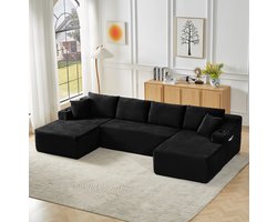 DESMIU Modulaire U-bank - 6-zits - Zonder Montage - Diepe Zit - Flexibel Opnieuw Te Rangschikken - Voor Woonkamer - Corduroy - Zwart