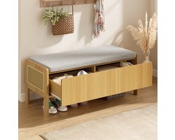 DESMIU Opbergbank Bankje Met 2 Lades En Rotan Zijpanelen 113 X 45,5 X 40 Cm Bamboe Mdf Naturel Grijs Voor Hal En Slaapkamer