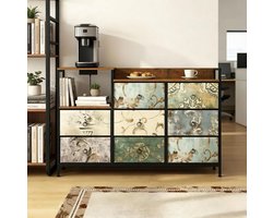 DESMIU Opbergkast - Vintage Ladekast Met 8 Lades En Laadstation - Voor Hal En Slaapkamer - Hout Metaal Vlies - 132x29x88 Cm - Multicolor