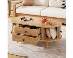 DESMIU Salontafel Ovaal Met 2 Lades En Schuifdeuren Modern Retro Voor Woonkamer Met Opbergruimte Van MDF En Houten Poten 100x50x40 Cm Eiken