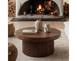 DESMIU Salontafel - Rond Blad Met Houtnerf En Fluted Onderstel - Voor Woonkamer En Kleine Ruimte - Hout En MDF - 78 Cm - Walnoot