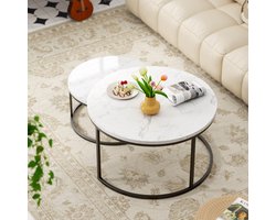DESMIU Salontafel Set - Elegant Ontwerp Met Marmerlook En Metalen Frame - Voor Woonkamer En Kantoor - MDF En IJzer - Wit Zwart - Groot En Klein