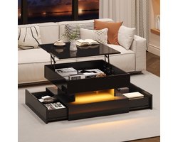 DESMIU Salontafel - Verhoogbaar Model Met Geheime Opbergruimte En Verlichting - Voor Woonkamer En Werkhoek - Spaanplaat - Zwart - 65 X 65 X 38,5 Cm