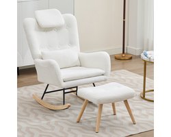 DESMIU Schommelstoel 73 x 92 x 102 cm - Met Hocker, Nekkussen En Lendenkussen - Voor Woonkamer En Slaapkamer - Teddy Stof - Wit