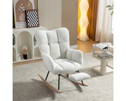DESMIU Schommelstoel 80 x 98 x 98,5 cm - Met Inklapbare Voetensteun En Hoge Rugleuning - Voor Woonkamer En Slaapkamer - Teddy Stof Wit