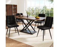 DESMIU Set Tafel En Stoelen 120-160x80x75 Cm - Uittrekbare Eettafel Met 4 Fluwelen Stoelen - Voor Eetkamer En Keuken - Hout Metaal Zwart