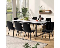 DESMIU Set Tafel En Stoelen 140/180 x 80 x 75 cm - Uittrekbare Eettafel Met 8 Gestoffeerde Stoelen - Eetkamer - MDF Wit Zwart