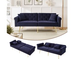 DESMIU Slaapbank 173 x 75 x 70 cm - 2-Zits Met 3-Standen Rugleuningen En Slaapfunctie - Voor Woonkamer En Gastenkamer - Fluweel - Antiekblauw