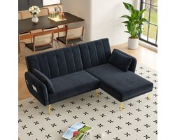 DESMIU Slaapbank 191,5 x 130,5 x 80 cm - L-Vormige Hoekbank Met Verstelbare Rugleuning En Slaapfunctie - Voor Woonkamer En Slaapkamer - Velvet Zwart
