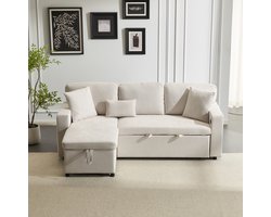 DESMIU Slaapbank 214 X 131 X 87 Cm - Hoekbank Met Verwisselbare Ottomaan, Opbergruimte En USB - Voor Woonkamer - Flanel Beige