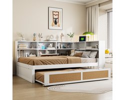 DESMIU Slaapbankbed 140x200cm – Multifunctioneel Bed Met Uittrekbed & Oplaadpunt – Opbergruimte Voor Logeerkamer – Hout En Rotan – Wit – Zonder Matras