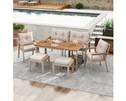 DESMIU Tuinset 6 Zitplaatsen - Acaciahouten Eettafel Met Stoelen, Bank, Hockers En Afneembare Serveerwagen - Voor Tuin En Terras - Beige Naturel