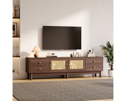 DESMIU Tv Meubel - Donkere Houtlook Met Rattan Deuren En Vier Laden - Voor Woonkamer En Mediaopstelling - Spaanplaat - Bruin - 180 Cm