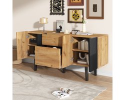 DESMIU Tv Meubel - Dressoir Met 2 Lades En 4 Deuren Voor Woonkamer En Hal - Houtkleur En Zwart Spaanplaat Met Massief Houten Poten - 140x40x70 Cm