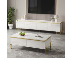 DESMIU Tv Meubel En Salontafel Set - Hoogglans Met Gouden Details En Veel Opbergruimte - Voor Woonkamer En Modern Interieur - Wit - 170x38x50 En 100x50x36 Cm