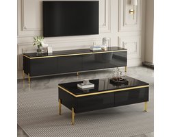 DESMIU Tv Meubel En Salontafel Set - Hoogglans Met Gouden Details - Voor Woonkamer En Moderne Inrichting - Spaanplaat - Zwart - 170X38X50 Cm