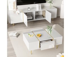 DESMIU Tv Meubel En Salontafel Set - Hoogglans Met Opbergruimte En Softclose - Voor Moderne Woonkamer - MDF Wit - 170x35x46 En 100x60x41,5 Cm