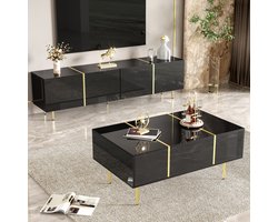 DESMIU Tv Meubel En Salontafel Set - Hoogglans Zwart Met Gouden Accenten En Zachte Sluiting - Voor Woonkamer - MDF - 170x35x46 Cm En 100x60x41,5 Cm