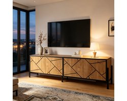 DESMIU TV-Meubel - Geometrisch Design Met 4 Deuren - Voor Kleine Woonkamers En Opbergruimte - MDF - 153 x 40 x 50 cm - Naturel Hout