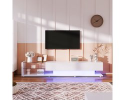 DESMIU Tv Meubel - Hoogglans Met Led Verlichting En 2 Lades - Voor Woonkamer Met Glazen Planken - Spaanplaat - 170x36x38 Cm - Wit