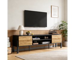 DESMIU Tv Meubel - Met 2 Deuren En Open Vakken - Voor Woonkamer En Televisie Tot 70 Inch - Spaanplaat - 175x39,5x53 Cm - Zwart