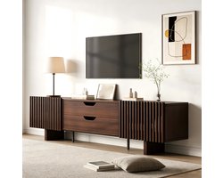 DESMIU Tv Meubel - Met 2 Lades En Lameldeuren - Voor Woonkamer En Grote Televisies Tot 75 Inch - MDF In Donker Eiken - 180x40x45 Cm