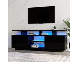 DESMIU Tv Meubel - Met App Gestuurde Ledverlichting En 2 Deuren - Opbergkast Voor Woonkamer - Spaanplaat Hoogglans Zwart - 140x35x55 Cm