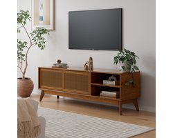 DESMIU Tv Meubel - Rotan Deuren En Schuifdeur Met Open Vakken - Voor Woonkamer En Hal - Hout MDF - 150x40x50 Cm - Walnoot