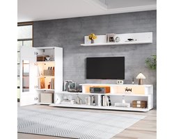 DESMIU Tv Meubel Set - Hoogglans Wandmeubel Met Ledverlichting En Vitrinekast - Voor Woonkamer - Spaanplaat En Acryl - 170x35x45 Cm - Wit