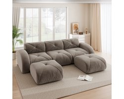 DESMIU U-Bank 281 x 171 x 76 cm - Modulaire 3-Zits Bank Met 2 Hockers - Zonder Montage Voor Woonkamer - Chenille - Taupe