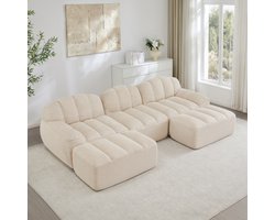 DESMIU U-Bank 288 X 165 X 79 Cm - Modulaire 3-Zits Met 2 Ottomanen En Diepe Zit - Voor Woonkamer En Appartement - Fleece - Beige Wit