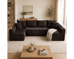 DESMIU U Bank 320 Cm 6 Zits - Modulair Met Drinkhouder En Zijvak, 4 Rugkussens En 2 Sierkussens - Voor Woonkamer En Lounge - Corduroy - Donkerbruin