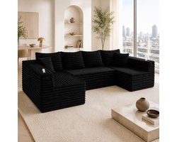 DESMIU U-Bank 320 Cm - Modulaire Bank Met Kophouder En Zijvak - 6-Zits Voor Woonkamer En Lounge - Corduroy - Zwart