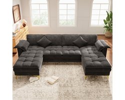 DESMIU U-Bank 4-Zits - Modulair Met 2 Chaiselongues En 2 Kussens - Voor Woonkamer En Lounge - Chenille - Grijs - Gouden Metalen Poten