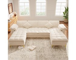 DESMIU U Bank 4 Zits Modulaire Hoekbank Met 2 Chaise Longues En 2 Kussens Voor Woonkamer En Slaapkamer Chenille Beige
