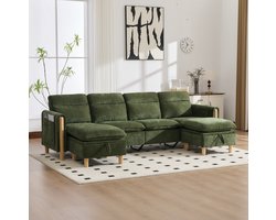 DESMIU U-Bank 4-Zits - Modulaire Opstelling Met 2 Hockers En Opbergruimte - Voor Woonkamer En Familiekamer - Chenille Met Houten Poten - Groen