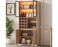 DESMIU Vitrinekast - Met Glazen Deuren En LED Verlichting - Voor Woonkamer, Eetkamer Of Badkamer - MDF - 80x40x180 Cm - Naturel