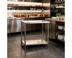 DESMIU Werktafel – 90 x 60 x 86 Cm – Twee Niveaus – Roestvrij Staal – Zilver – Keuken, Garage En Tuin – Verstelbare Voeten
