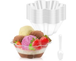 Dessertglazen van kunststof met lepels, 240 ml, dessertbekers in bloemvorm, dessertbeker, kunststof, voor pudding, schuim, feest