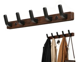 Deurhaken - Kapstokhaken voor aan de muur - Haken van walnoothout - Kleding- en hoedenrek - Wandkapstok van walnoothout - 45 cm - 5 aluminium haken - Geschikt voor het ophangen van rugzakken hoeden hondenriemen handdoeken en sleutels