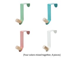 Deurhaken, kapstokken, hoedenorganizers, spijkervrije jas- en hoedenhaken, haken voor aan de achterkant van kastdeuren, deurhangers zonder boren - [Houten enkele haken] Roze + Wit + Blauw + Groen (verpakking van 4)