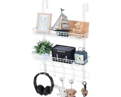 Deurhaken om op te hangen, deurhaken met 2 mesh mand en 15 haken, boven de deur, opbergrek, douchemand om op te hangen, metalen garderobehaken, deurophanging zonder boren, voor slaapkamer