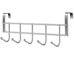 Deurkapstok met 5 Haken - Kapstok Op de deur - Kledingrek - Op de deur handdoekhouder - Voor Kleding, jassen, handdoek of Overige accessoires - Ophangen - Ijzer - Zilver - 23.5*8.5*2.5 cm