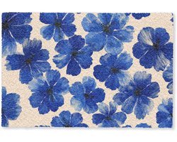 Deurmat 60x40 cm - Droogloopmat Bloemen - Blauw -Patroon - Wit - Mat voor binnen - Schoonloopmat - Deurmatten met print - Inloopmat