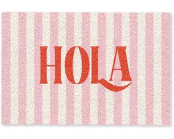 Deurmat 90x60 cm - Droogloopmat Hola - Quote - Strepen - Pastel - Roze - Rood - Wit - Mat voor binnen - Schoonloopmat - Deurmatten met print - Inloopmat