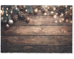 Deurmat 90x60 cm - Droogloopmat Kerstdecoratie - Houten - Dennenappel - Bruin - Mat voor binnen - Schoonloopmat - Deurmatten met print - Inloopmat