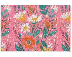 Deurmat 90x60 cm - Droogloopmat Roze - Bloemen - Wit - Oranje - Mat voor binnen - Schoonloopmat - Deurmatten met print - Inloopmat