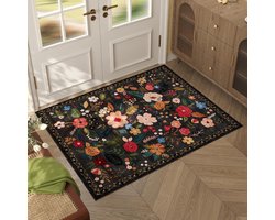 deurmat - Deurmat voor binnen - deurmat binnen met print - Machinewasbaar - vintage patroon - Boho-stijl - Klein vloerkleed met bloemenmotief - Antislip laagpolig vloerkleed voor entree, keuken, voordeur, entree, hal, kinderkamer - 50 x 80cm - zwart